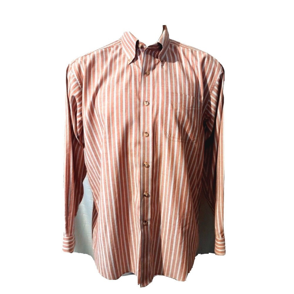 LL Bean Shirt Large Mens Cabin Core Retro Orange Stripe Button Down Long Sleeve